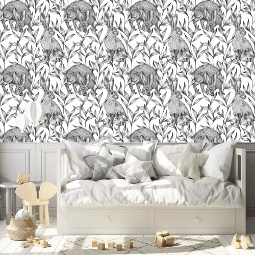 Behang Beautiful vintage seamless pattern. Pencil sketch of hares and ornamental plants. Graphic drawing on a white background. Wild animals and plants. Bunny wallpaper. 