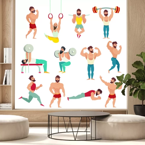 Sticker Set van gespierde, bebaarde mans vectorillustratie. Fitnessmodellen, poseren, bodybuilding. Sportmensen in de sportschool. Gymnastiek ringen, uitgevoerd. Geïsoleerde vector, witte achtergrond