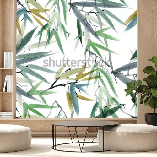 Sticker Waterverf en inktillustratie van bamboe in stijl sumi-e, u-zonde. Oosterse traditionele schilderkunst. Naadloze patroon