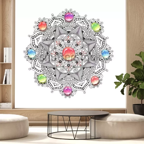 Sticker Waterverf kleurrijke mandala met juweelstenen. Mooi vintage rond patroon. Hand getrokken abstracte achtergrond. Uitnodiging, t-shirt print, trouwkaart. Decor voor uw ontwerp in oosterse stijl.