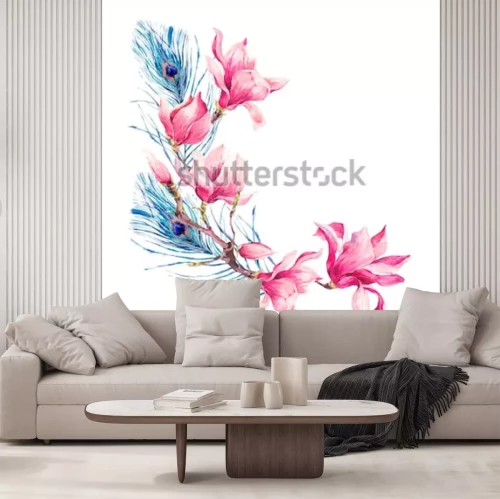 Sticker Roze magnolia's en pauwenveren