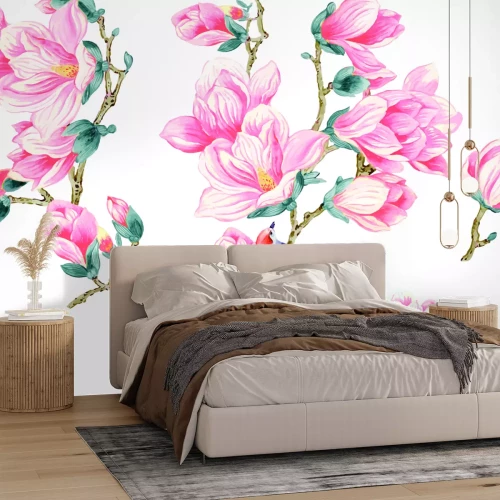 Sticker Zalmmagnolia's met een vogel