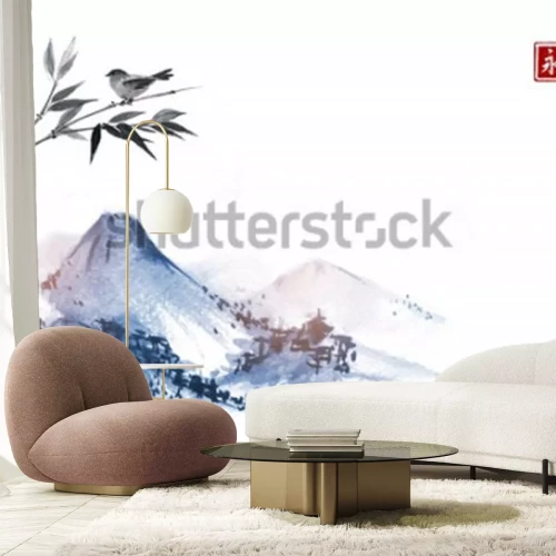 Sticker Bergen en vogeltje op bamboetak. Hiëroglief - eeuwigheid. Traditionele oosterse inkt schilderij sumi-e, u-sin, go-hua.