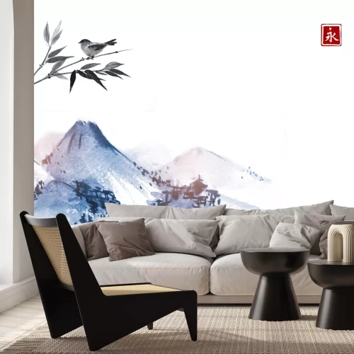 Sticker Bergen en vogeltje op bamboetak. Hiëroglief - eeuwigheid. Traditionele oosterse inkt schilderij sumi-e, u-sin, go-hua.