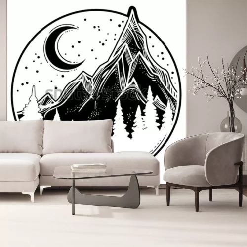 Sticker Prachtige vectorillustratie met natuur landschap - bergen, dennenbos, sterren, maan. Tattoo kunst. Oneindige ruimte, meditatiesymbolen, reizen, toerisme.