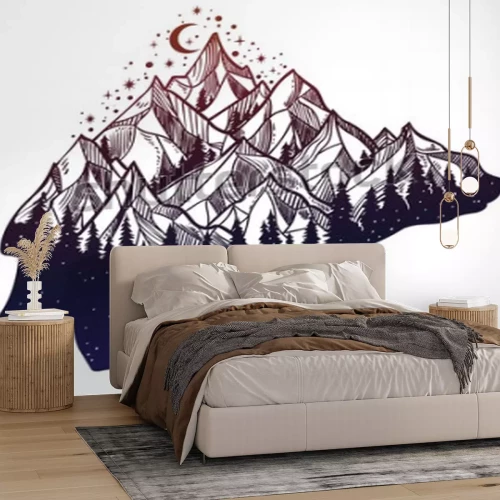 Sticker Beer en nacht bos berglandschap, dubbele belichting, wildlife tattoo art, fantasy-stijl. Vector geïsoleerde illustratie.
