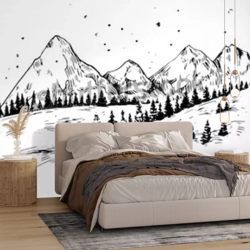 Sticker Winter achtergrond met bergen, sneeuw en bomen. Hand getekende illustratie omgezet in vector.