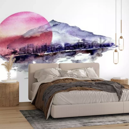 Sticker Aquarel berglandschap, blauwe, paarse bergen, piek, bos silhouet, reflectie in de rivier, rode zonsondergangzon. Op witte geïsoleerde achtergrond. Op witte geïsoleerde achtergrond.