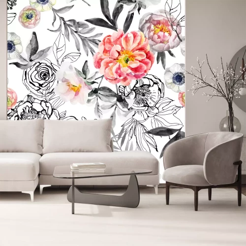 Sticker Waterverf en inkt doodle bloemen, bladeren, onkruid naadloos patroon. Handgeschilderde, getekende bloemenachtergrond met pioenrozen, anemonen, ranunculus, hondrozentak, weidekruiden