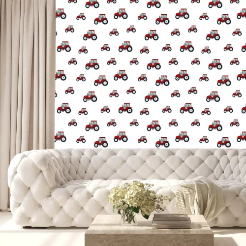 Behang Seamless pattern red tractor on white background. Agricultural transport for farm in flat style - vector illustration. Farming vehicle