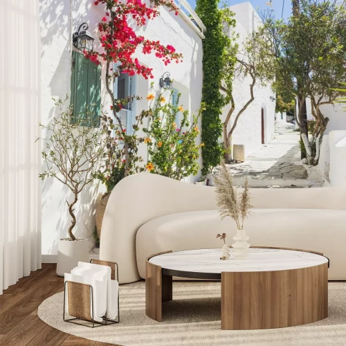 Fotobehang Kleurrijke planten op een Griekse straat