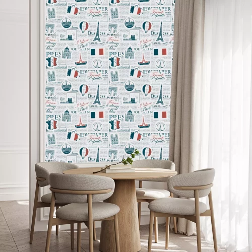 Behang Vector seamless pattern on France and Paris theme with inscriptions, architectural landmarks and flag of French Republic in retro style on the newspaper background. Wallpaper, wrapping paper, fabric