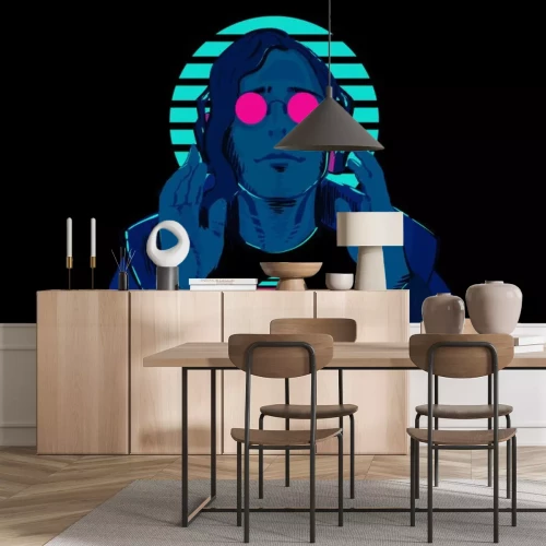 Sticker A guy with blue skin in pink, round glasses against a striped neon circle is listening to music in stereo headphones. Illustration of a sci-fi retro wave 80's on a black background.