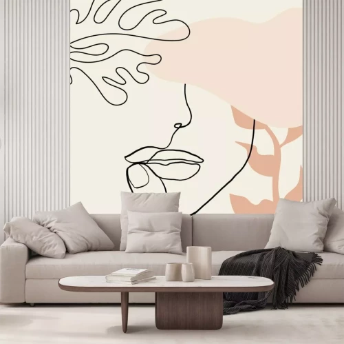 Fotobehang Vrouwengezicht in lijntekeningstijl met plantenmotieven