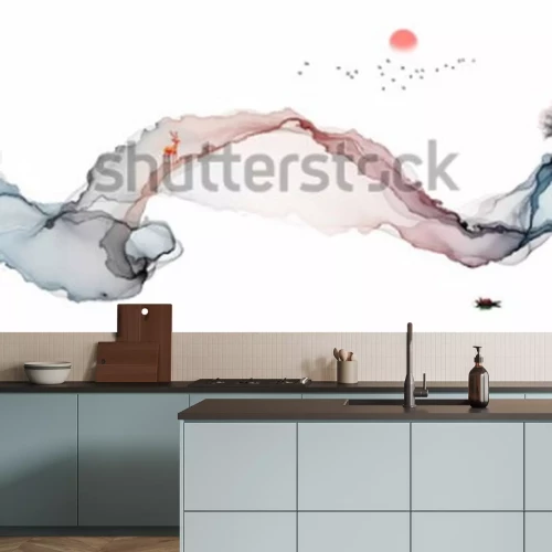 Sticker Inkt schilderij, artistiek landschap, abstracte lijnen achtergrond