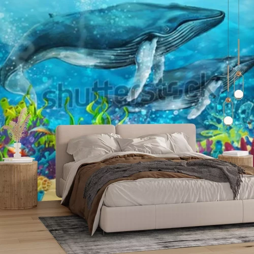 Fotobehang Tekenfilmscène met een walvis bij een koraalrif - illustratie voor kinderen