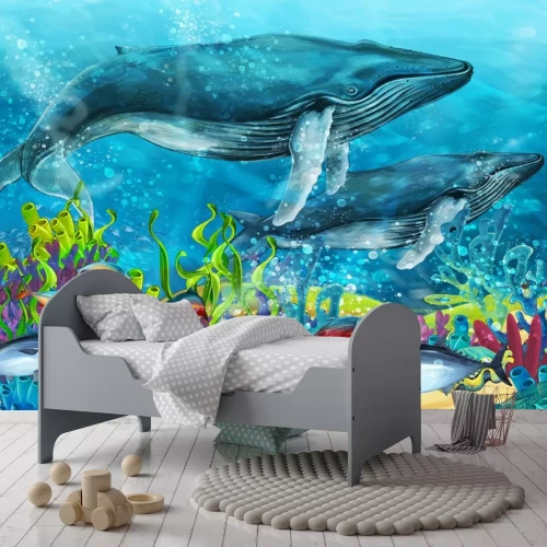 Fotobehang Tekenfilmscène met een walvis bij een koraalrif - illustratie voor kinderen
