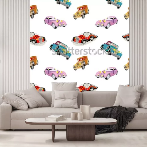 Sticker Herhaalbaar patroon met kleurrijke retro auto's