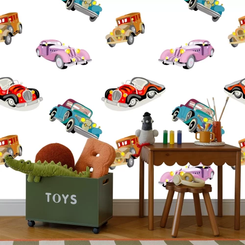 Sticker Herhaalbaar patroon met kleurrijke retro auto's