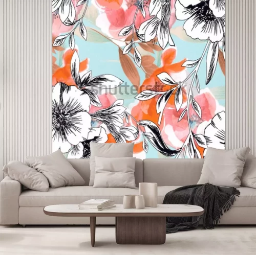 Sticker Zwart-witte bloemen op een kleurrijke achtergrond