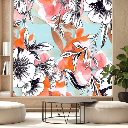 Sticker Zwart-witte bloemen op een kleurrijke achtergrond