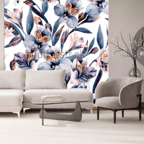 Sticker Blauwe bloemen met oranje elementen