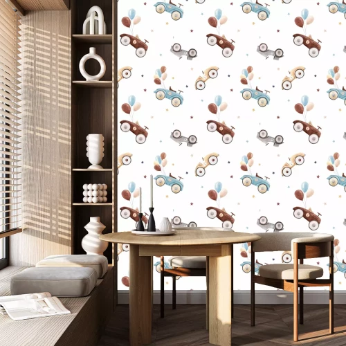 Behang Watercolor baby car vector pattern