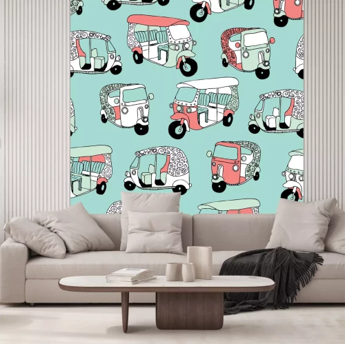 Sticker Naadloze Aziatische de koningin van India van het vervoerspictogram van het de achtergrond van de wegriksja illustratie patroon in vector