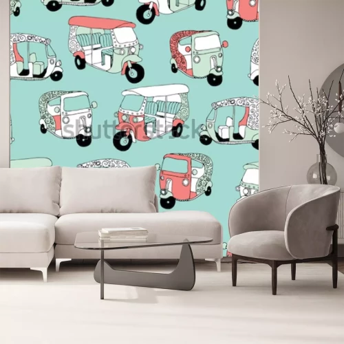 Sticker Naadloze Aziatische de koningin van India van het vervoerspictogram van het de achtergrond van de wegriksja illustratie patroon in vector