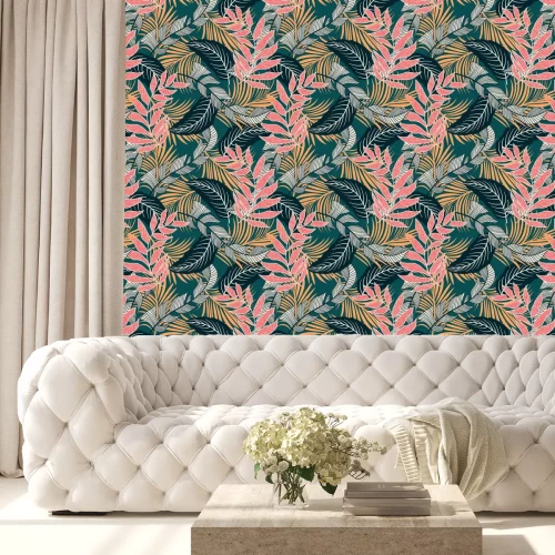 Behang Trend seamless pattern with colorful tropical leaves and plants on green background. Vector design. Jungle print. Flowers background. Printing and textiles. Exotic tropics. Fresh design.