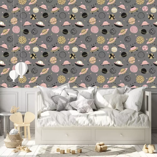 Behang Seamless space pattern for kids. Vector background with cartoon planets and UFO.