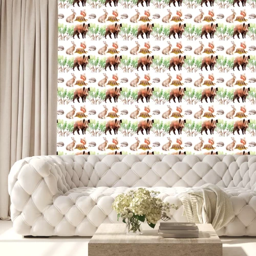 Behang watercolor forest seamless pattern with animals and plants