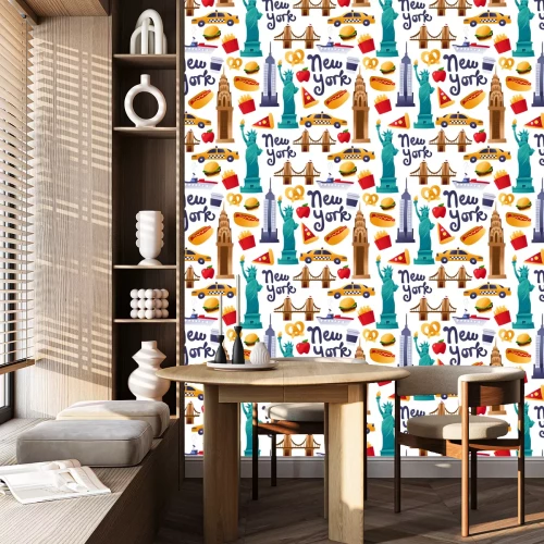 Behang Super Cute New York Culture Seamless Pattern Background