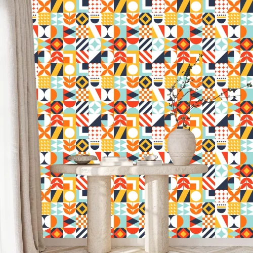 Behang Abstract seamless bauhaus pattern. Vector colorful geometric background.