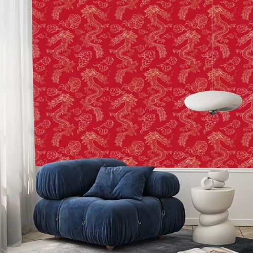 Behang Vliegende oosterse chinese draken op een rode achtergrond