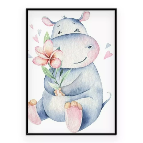 Poster Nijlpaard met een bloem in zijn hand