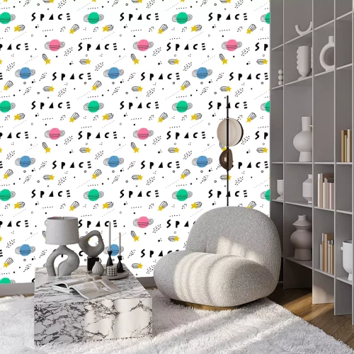 Behang Space seamless pattern. Vector illustration for children. Trendy kids vector background.