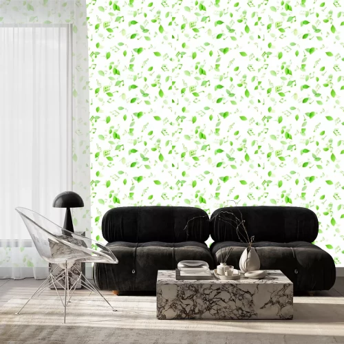 Behang 舞う緑の葉と音符　背景素材