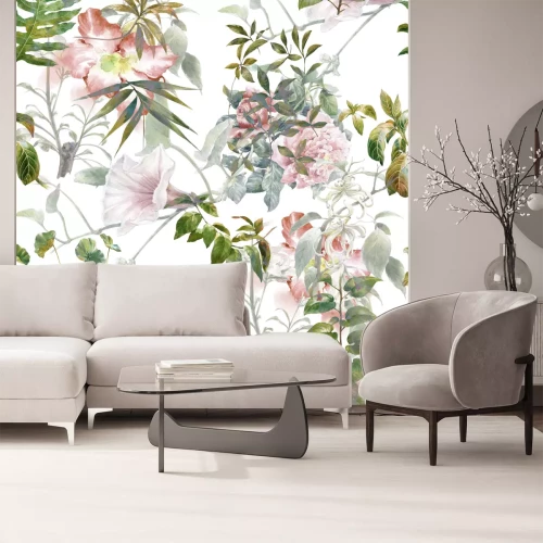 Sticker Waterverf het schilderen van blad en bloemen, naadloos patroon op witte achtergrond