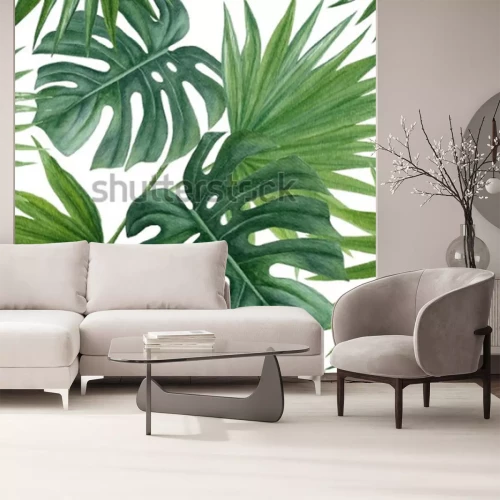 Sticker Naadloos patroon met tropische bladeren. Aquarel hand getrokken achtergrond.