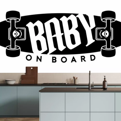 Sticker Vector sign, picture skateboard with text - Baby on board. Isolated white background.