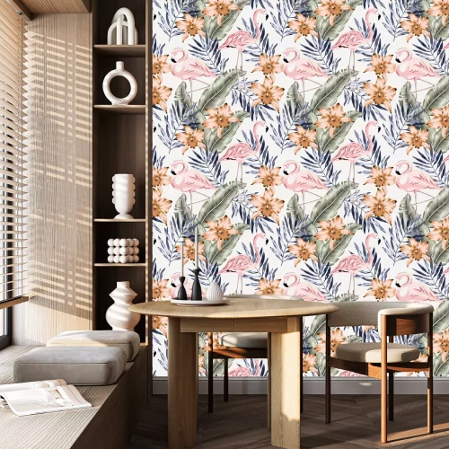 Behang Vintage flamingo's en bloemen