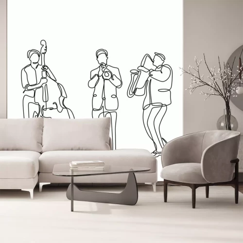 Sticker Jazz music player continuous one line drawing minimalist design of cello, trumpet, and saxophone isolated on white background