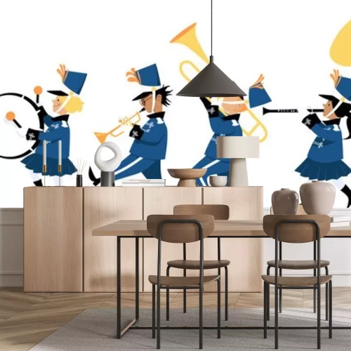 Sticker Cute children playing instruments in a marching band parade, EPS 8 vector illustration