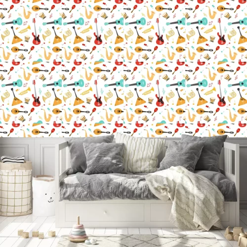 Behang Seamless pattern with musical instruments on the white background.