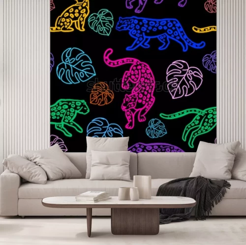 Sticker Naadloze patroon Leuke luipaarden en monsterabladeren. Geïsoleerd op witte achtergrond Wilde katten. Neon illustratie.