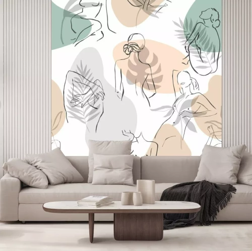 Fotobehang Pastelpatroon met silhouetten van vrouwen en bladeren