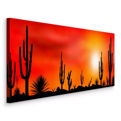 Canvas Cactussen in de woestijn tegen een rode zonsonderganghemel