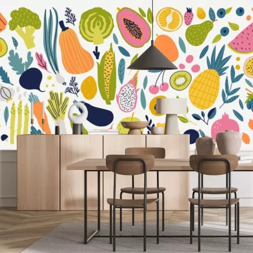 Sticker Vector colorful food set for your design. Cute doodle illustration with vegetables and fruits isolated on white background. 