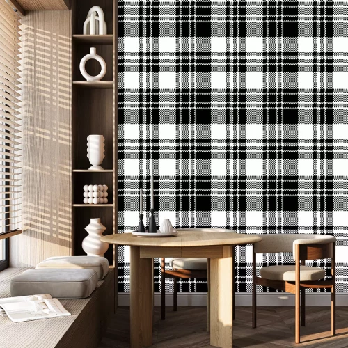 Behang Pixel check fabric texture black white seamless pattern